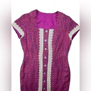 Vintage Elegant Purple Square Neck Women's Linen Dress with Lace Trim L/XL